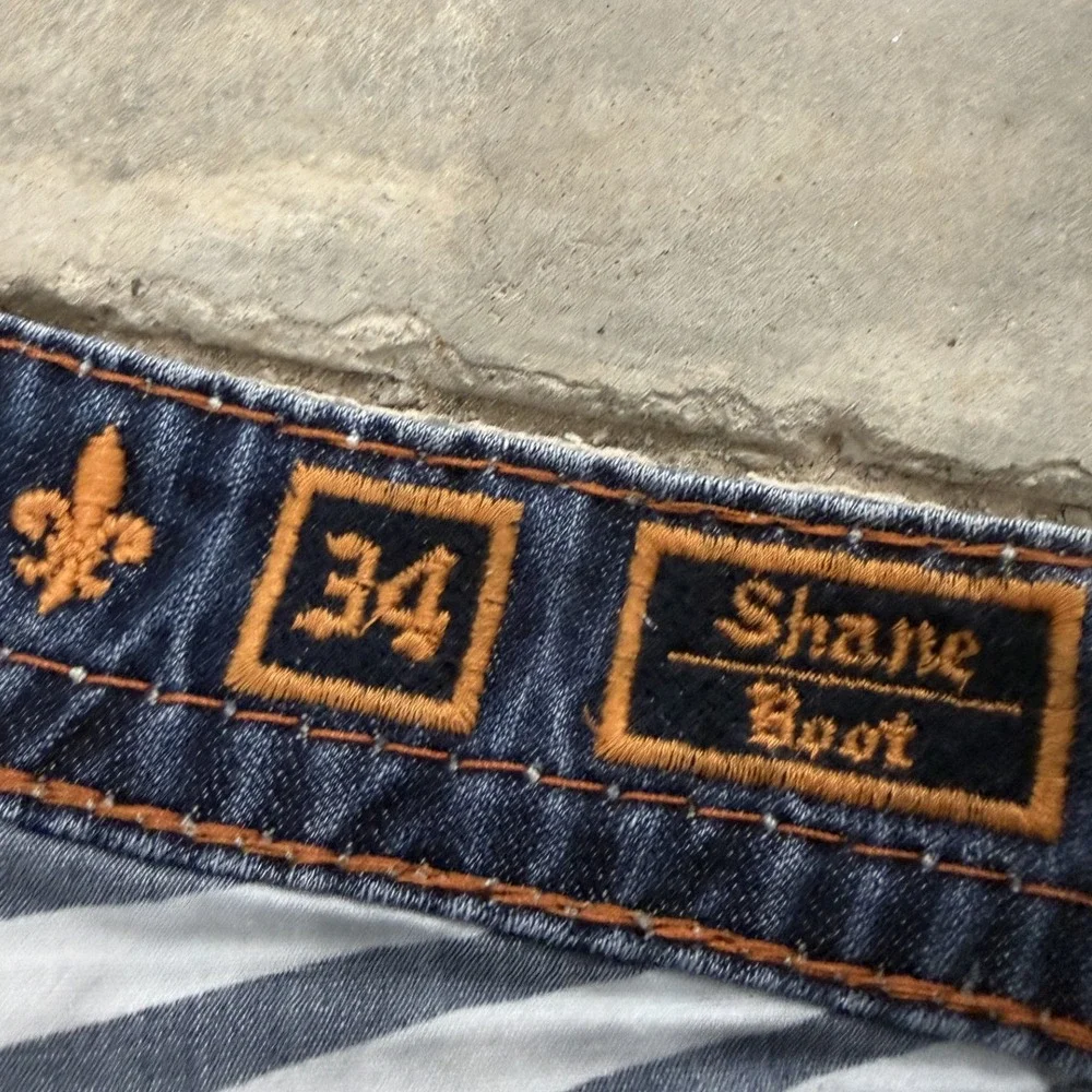 Rock Revival Shane Bootcut Jeans Mens 34 Blue Good Distressed Heavy Stitch